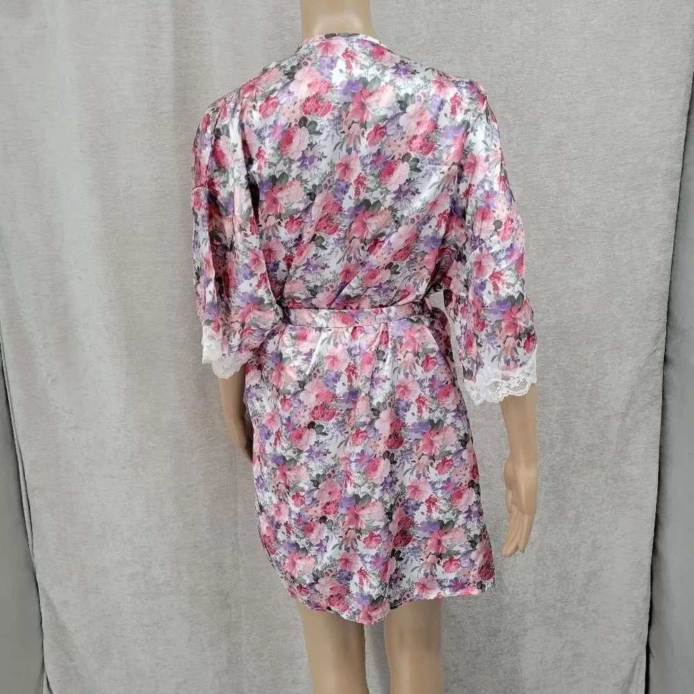 Floral Satin Lace Slip Dress Chemise Negligee and Matching Robe Set Pink